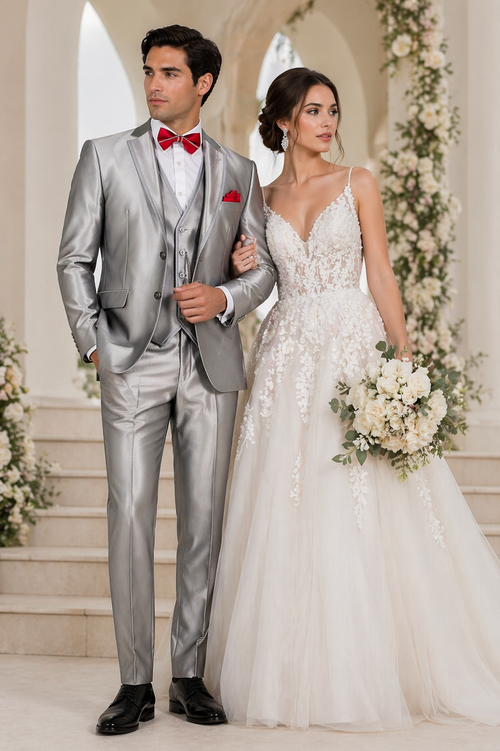 Slim Fit 3 Piece Satin Suit in Silver