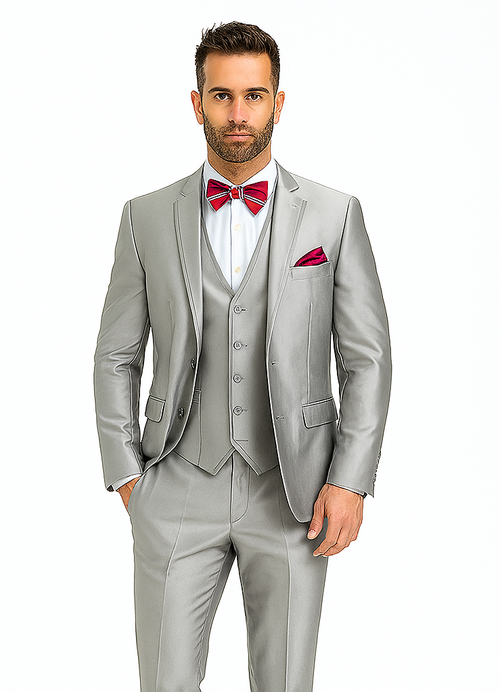Slim Fit 3 Piece Satin Suit in Silver