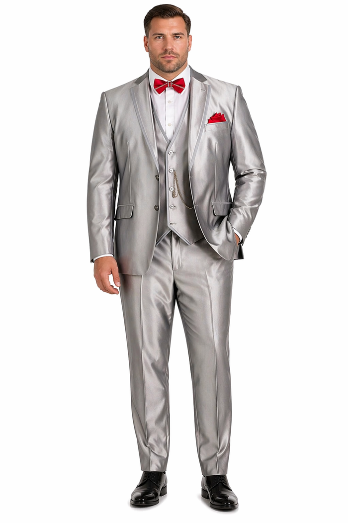 Slim Fit 3 Piece Satin Suit in Silver