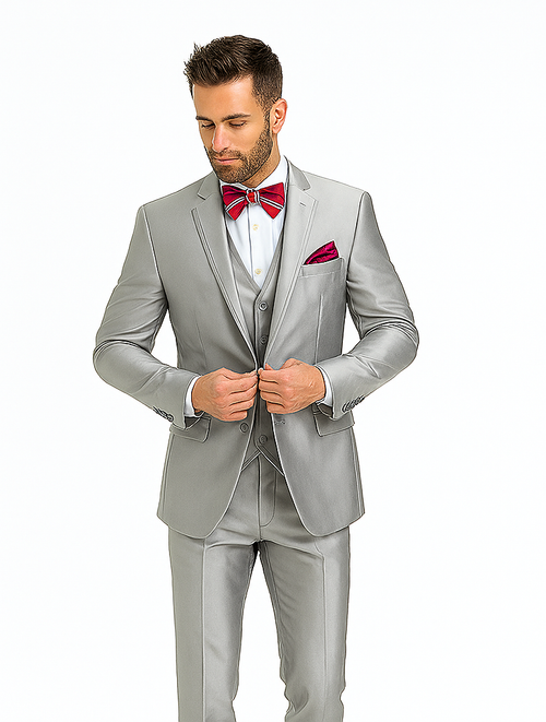 Slim Fit 3 Piece Satin Suit in Silver