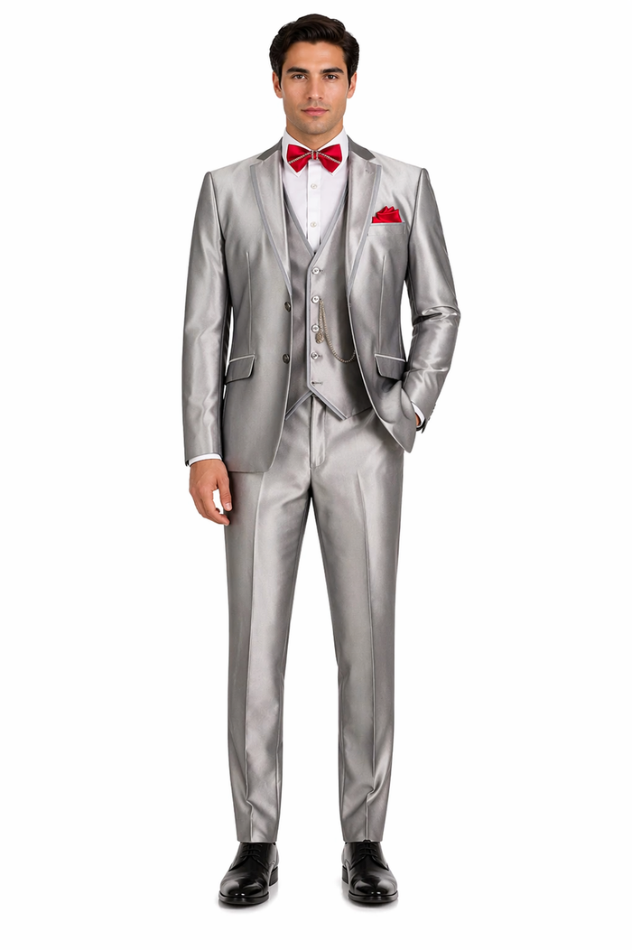 Slim Fit 3 Piece Satin Suit in Silver