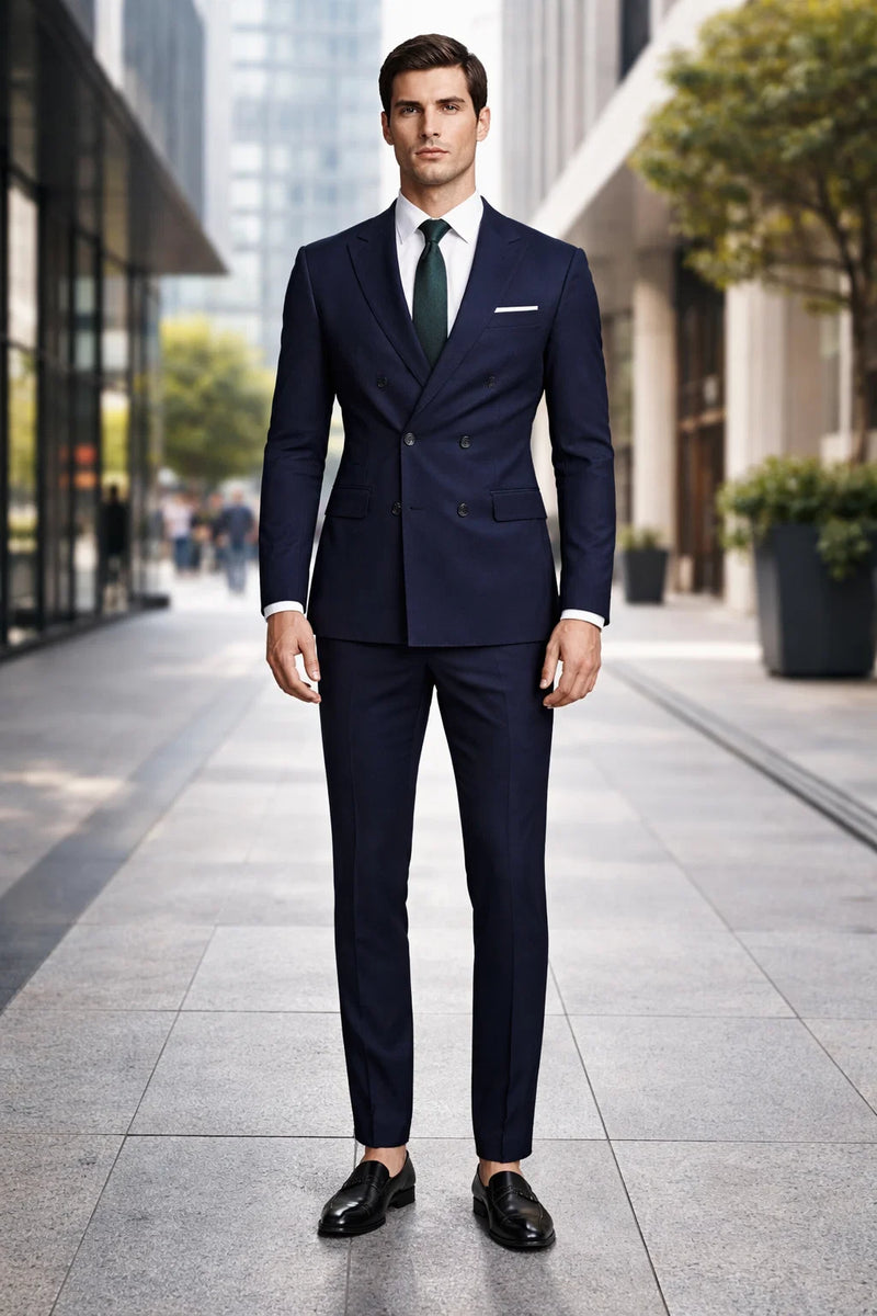 Slim Fit Double Breasted Suit Gold Buttons - Navy Suit - Designer Wool Suits