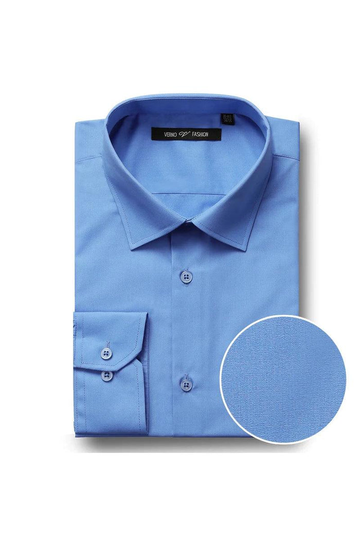 Verno slim-fit light blue dress shirt. Spread collar, button-down, long sleeves, single-button cuffs. Smooth fabric, neat stitching, and structured form. Close-up reveals fabric texture.

