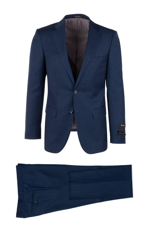 Navy Italian suit by Tiglio: Single-breasted blazer with structured lapel, button closure, and contrasting lining. Matching straight-leg trousers with side pockets. Solid dark navy.
