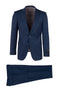 Navy Italian suit by Tiglio: Single-breasted blazer with structured lapel, button closure, and contrasting lining. Matching straight-leg trousers with side pockets. Solid dark navy.
