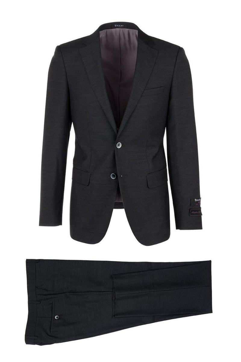 Dark gray Tiglio Italian suit: structured jacket with notched lapels, two buttons, and pockets. Interior lining in contrasting gray. Straight-leg trousers with a flat front, both crafted from textured fabric.
