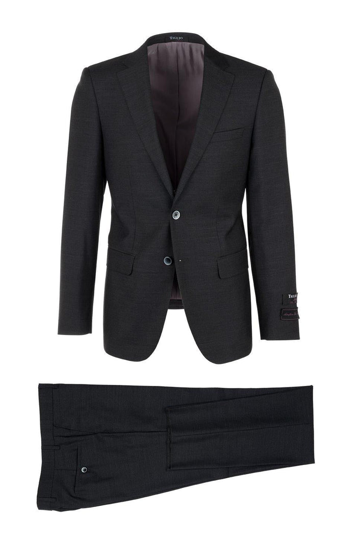 Dark gray Tiglio Italian suit: structured jacket with notched lapels, two buttons, and pockets. Interior lining in contrasting gray. Straight-leg trousers with a flat front, both crafted from textured fabric.
