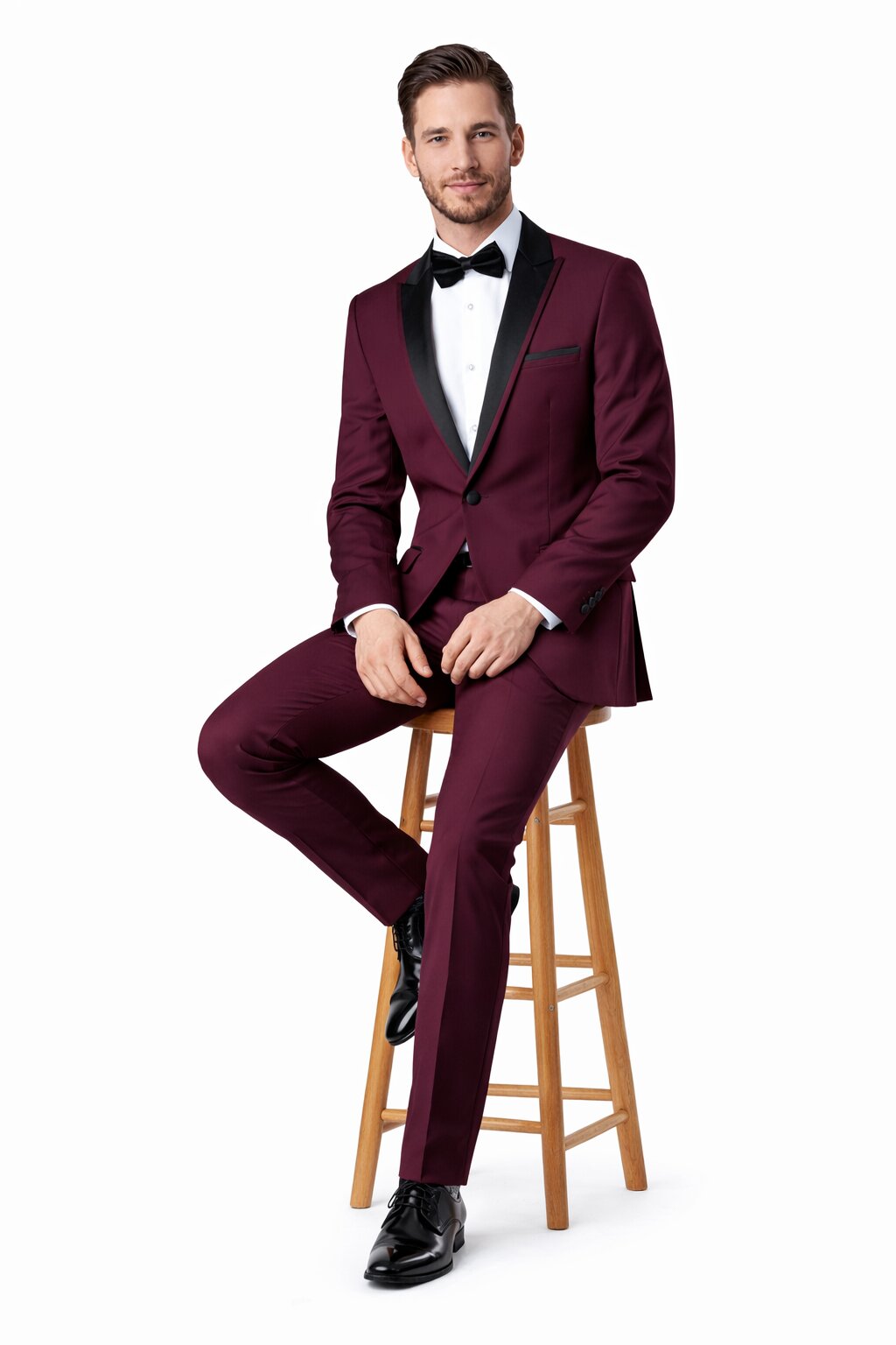 Men’s Slim Fit One Button Satin Trim Peak Lapel Tuxedo in Burgundy – Prom & Wedding Formal Suit