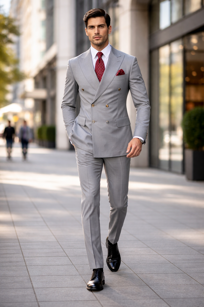 Slim Fitted Cut Mens Double Breasted Blazer - Silver Double Breasted Sport Coat