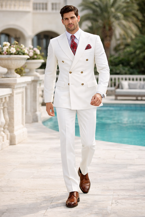 Slim Fitted Cut Mens Double Breasted Blazer - White Double Breasted Sport Coat
