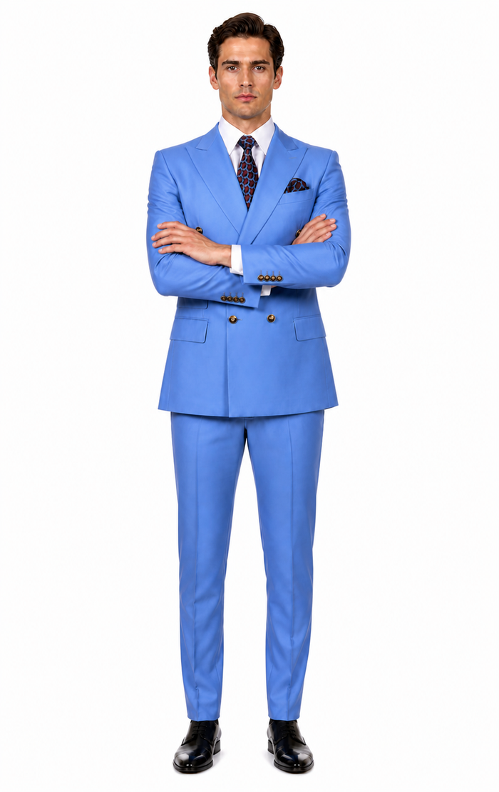Slim Fitted Cut Mens Double Breasted Suit - Fabric - Flat Front Pants