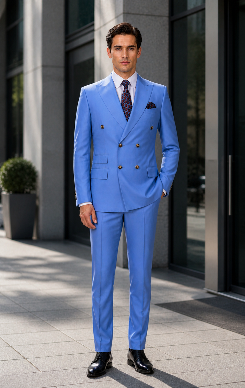 Slim Fitted Cut Mens Double Breasted Suit - Fabric - Flat Front Pants