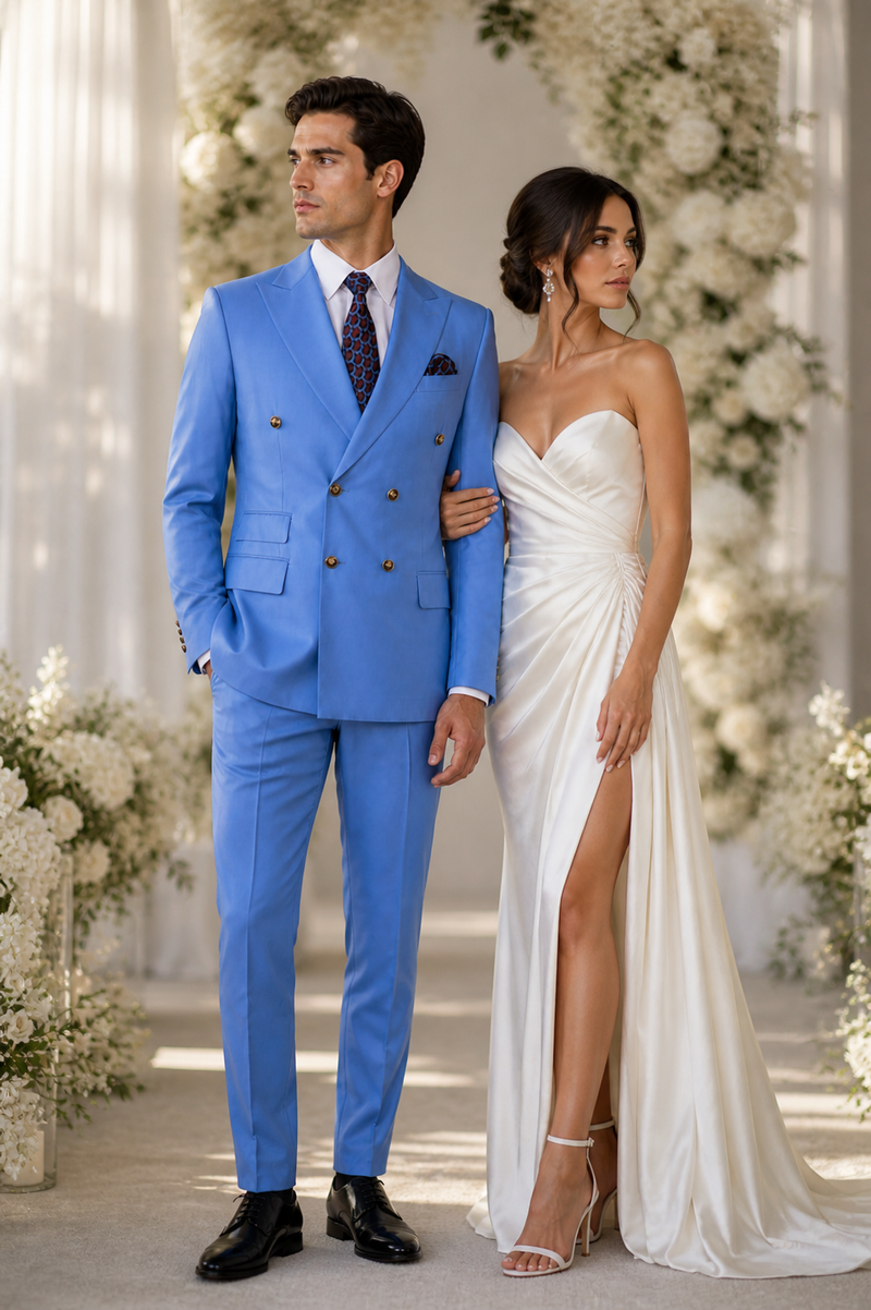 Slim Fitted Cut Mens Double Breasted Suit - Fabric - Flat Front Pants