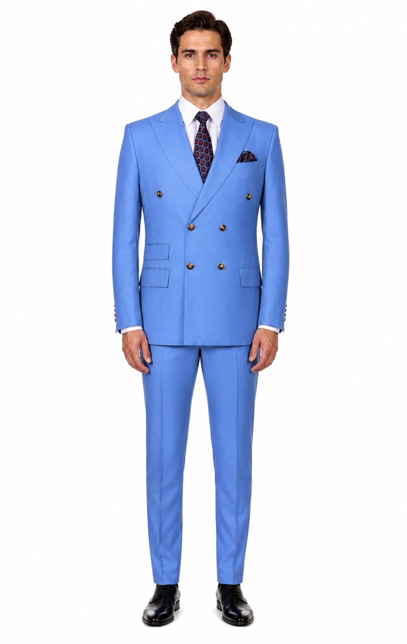 Slim Fitted Cut Mens Double Breasted Suit - Fabric - Flat Front Pants
