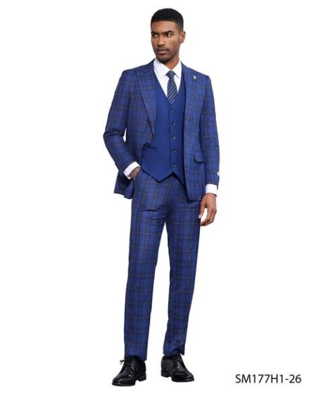 Stacy Adams Men's 3 Piece Plaid Hybrid Fit Suit - Accent Vest