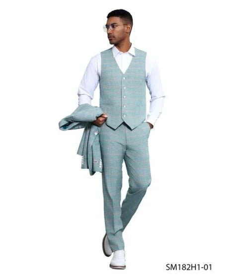 Stacy Adams Men's 3 Piece Windowpane Suit - Hybrid Fit
