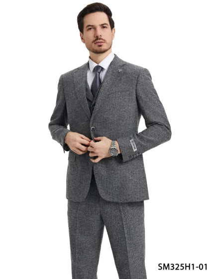Stacy Adams Men’s Herringbone 3 Piece Hybrid Fit Suit, Formal Wedding Business Suit in Brown and Gray