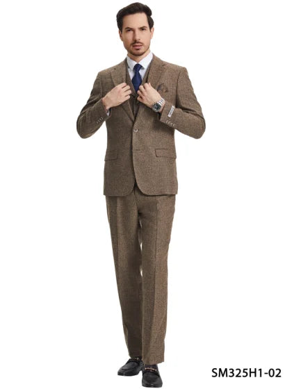 Stacy Adams Men’s Herringbone 3 Piece Hybrid Fit Suit, Formal Wedding Business Suit in Brown and Gray