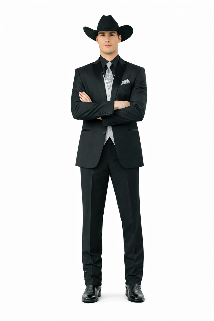Men’s Black Country Wedding Tuxedo with White Vest, Western Formal Groom Suit