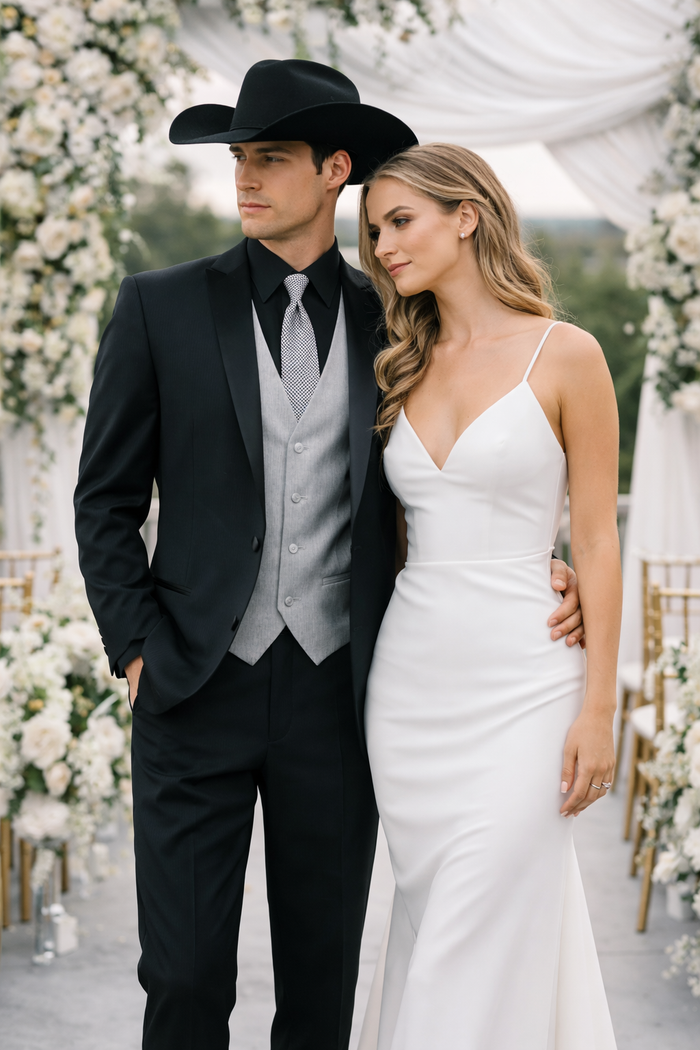 Men’s Black Country Wedding Tuxedo with White Vest, Western Formal Groom Suit