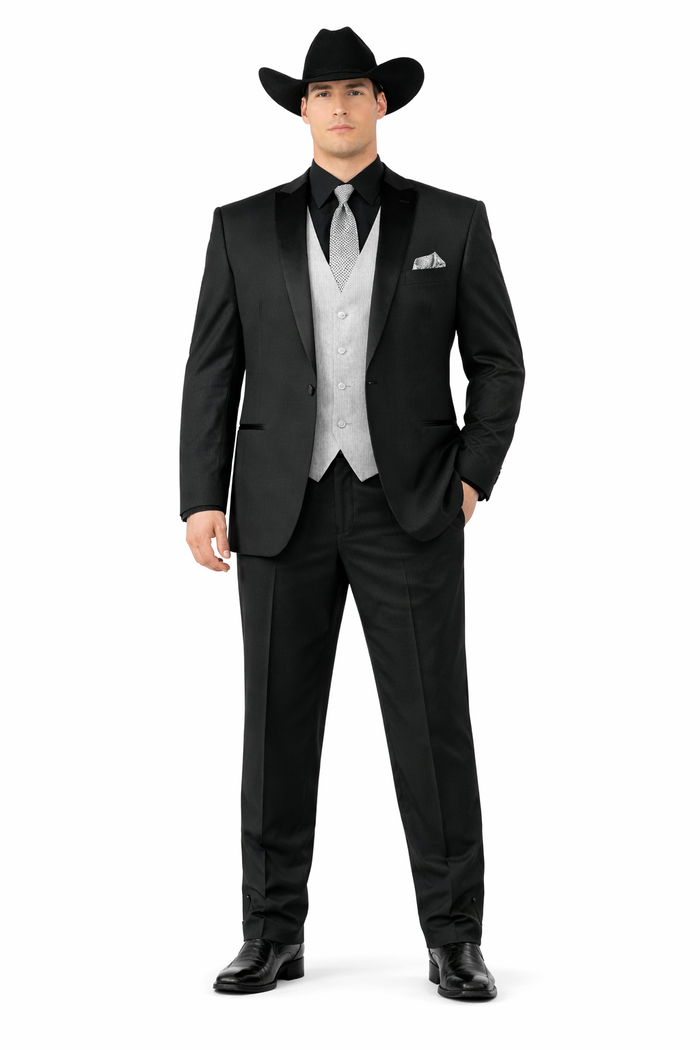 Men’s Black Country Wedding Tuxedo with White Vest, Western Formal Groom Suit