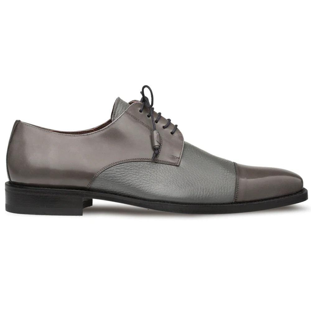 Gray Mezlan Soka cap-toe shoes: calfskin & deerskin. Smooth & textured leather mix. Lace-up, rounded toe. Black outsole, slightly raised heel.
