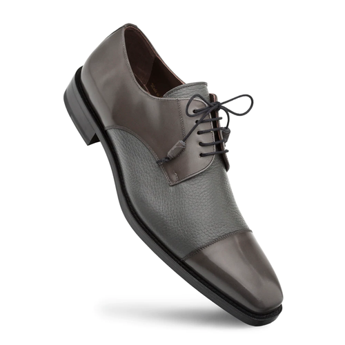 Gray Mezlan Soka cap-toe shoes. Calfskin/deerskin upper in gray with a smooth cap toe and textured body. Lace-up design, black sole.
