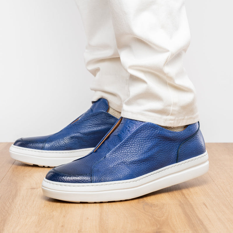 Zelli Spettacolare Pebble Grain Calfskin & Suede Slip-On Sneaker in Navy