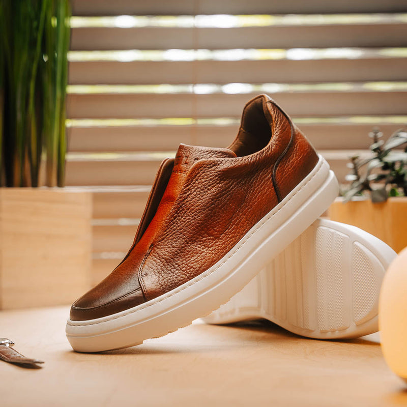Zelli Spettacolare Pebble Grain Slip-On Sneaker in Cognac