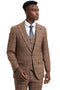 Light brown Stacy Adams men's suit. Features a one-button jacket and matching vest in a windowpane plaid. Close-fitting, tailored design with structured seams and smooth fabric.
