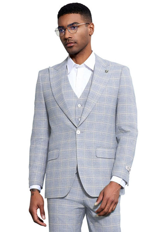 Men's Stacy Adams vested peak lapel suit in baby blue with a plaid pattern features a tailored jacket and matching trousers. The jacket has a single-breasted design and two front pockets.