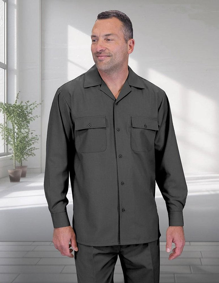 Men's dark gray, 100% wool walking suit. Button-up shirt with collar, long sleeves, and chest pockets. Pleated, wide-leg pants for comfortable movement. Two-piece set.