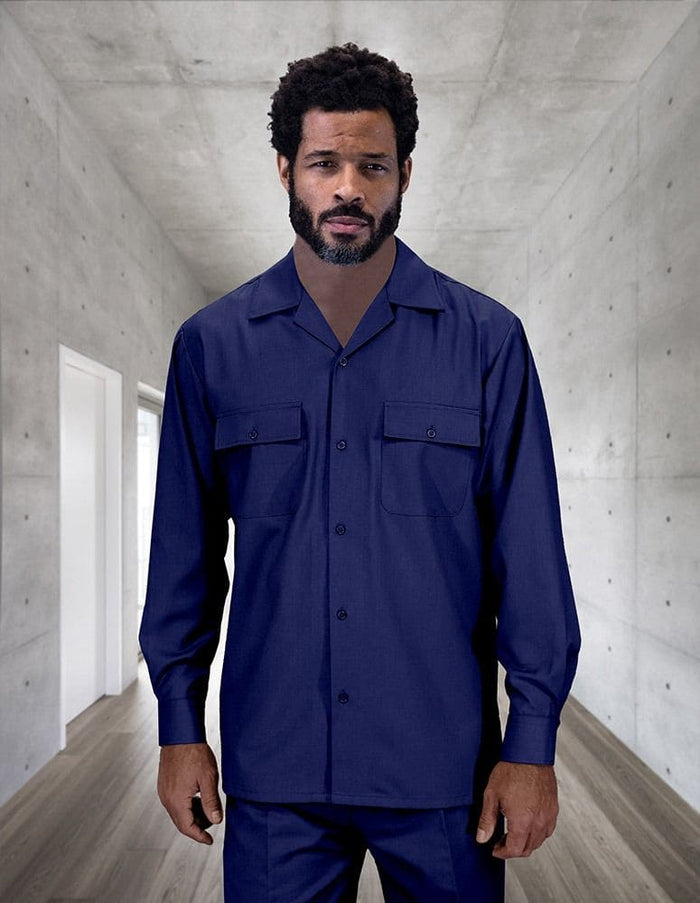 Men's navy walking suit: 100% wool, wide-leg pleated pants, and long-sleeve button-up shirt with two pockets.