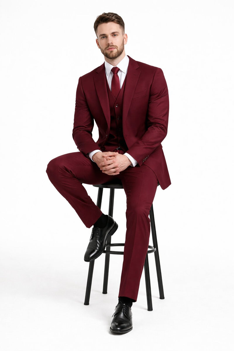 Mens Stacy Adams Suits - Designer Suit - 3 Piece Suit - Vested Suit - Flat Front Pant- Modern Fit Suits Burgundy Suit