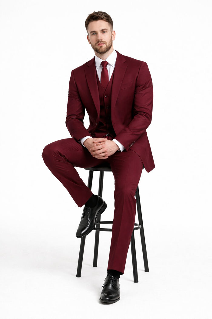 Mens Stacy Adams Suits - Designer Suit - 3 Piece Suit - Vested Suit - Flat Front Pant- Modern Fit Suits Burgundy Suit