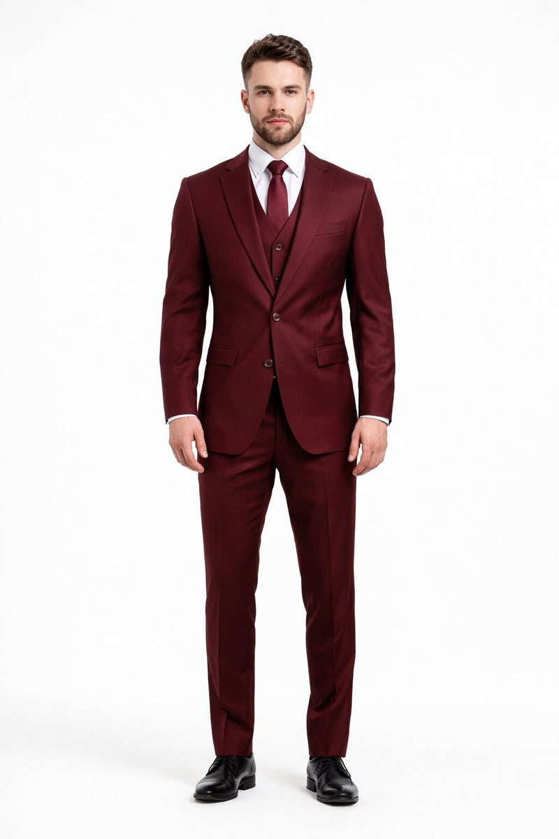 Mens Stacy Adams Suits - Designer Suit - 3 Piece Suit - Vested Suit - Flat Front Pant- Modern Fit Suits Burgundy Suit