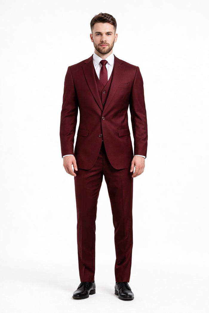 Mens Stacy Adams Suits - Designer Suit - 3 Piece Suit - Vested Suit - Flat Front Pant- Modern Fit Suits Burgundy Suit