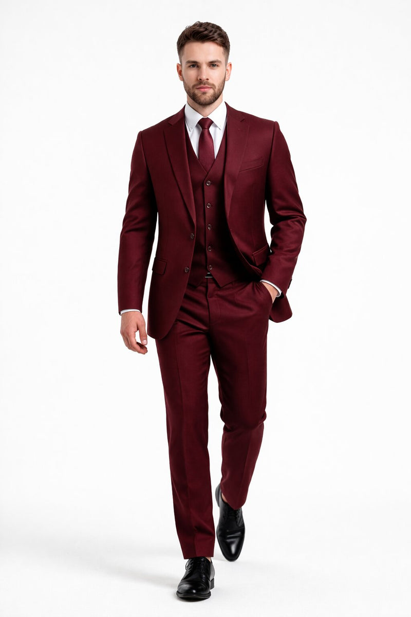 Mens Stacy Adams Suits - Designer Suit - 3 Piece Suit - Vested Suit - Flat Front Pant- Modern Fit Suits Burgundy Suit