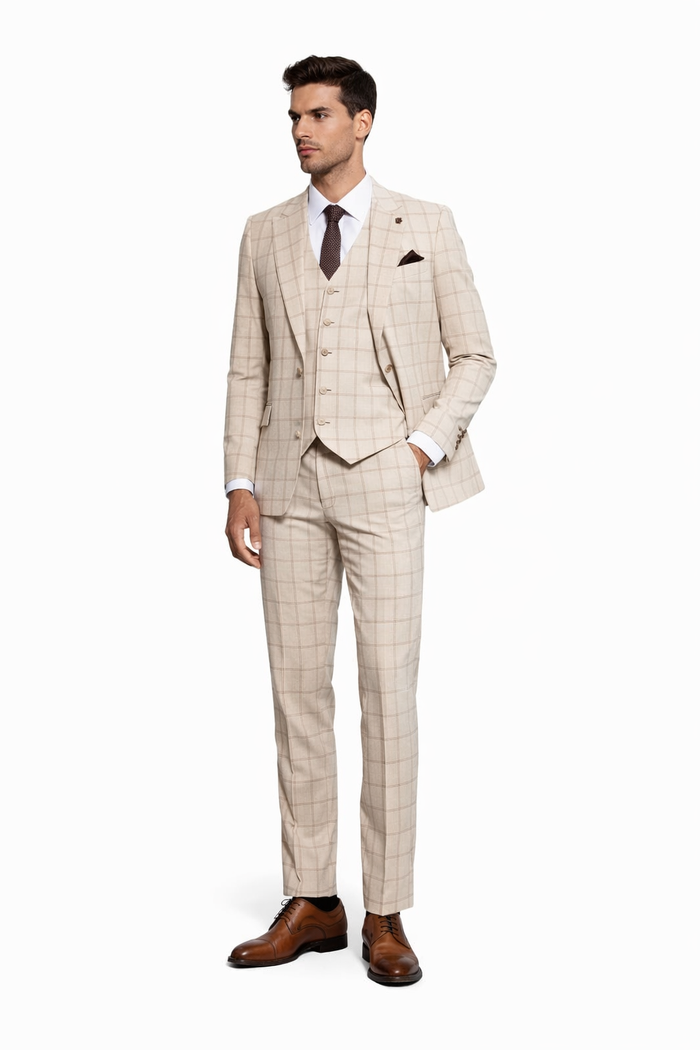 Stacy Adams Men's 3 Piece Hybrid Fit Suit - Twin Lined Windowpane