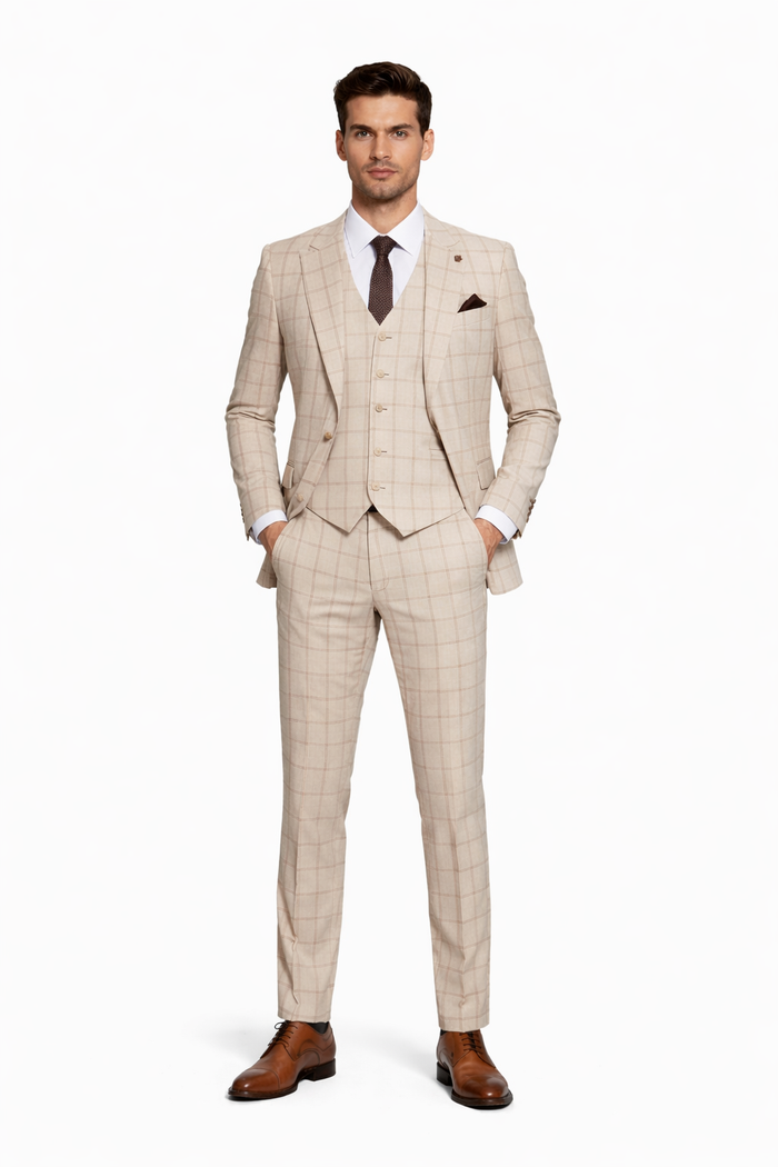 Stacy Adams Men's 3 Piece Hybrid Fit Suit - Twin Lined Windowpane