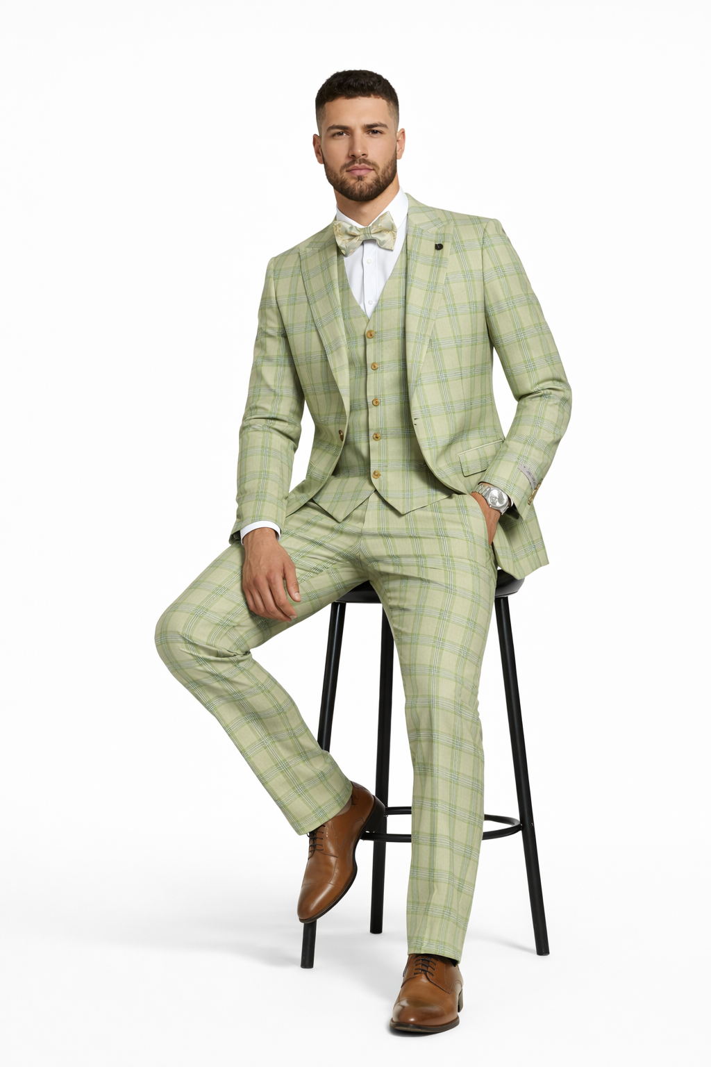 Mens Stacy Adams Suit - Stacy Adams Men's Plaid Suit with Paisley Vest & Bow Tie - Sage Green