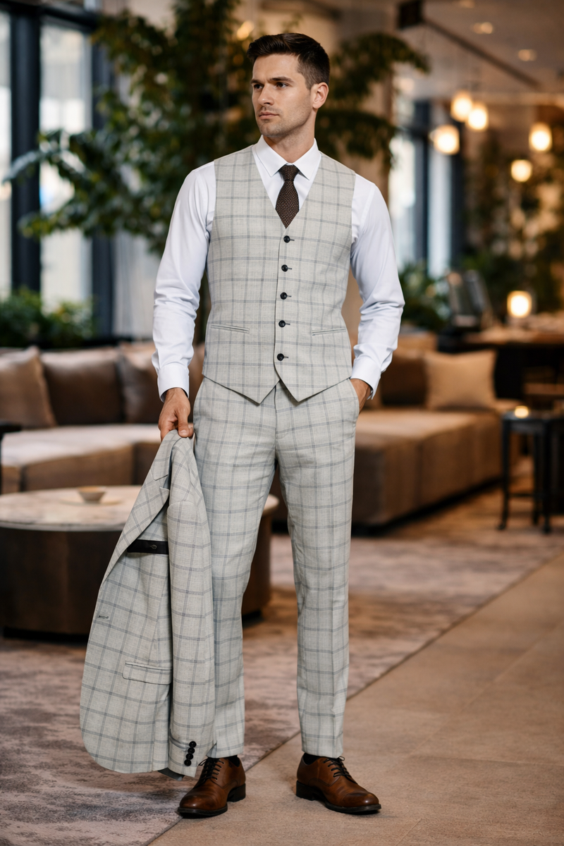 Stacy Adams Men's 3 Piece Hybrid Fit Suit - Twin Lined Windowpane