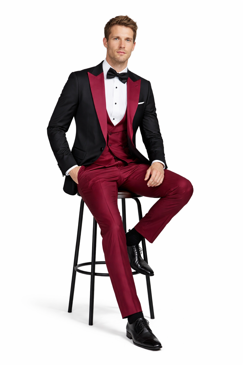 Statement Fashion Tuxedo Suit Mens Burgundy Black Trendy Tux