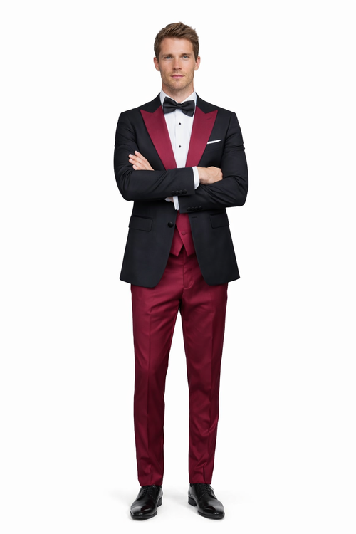 Statement Fashion Tuxedo Suit Mens Burgundy Black Trendy Tux