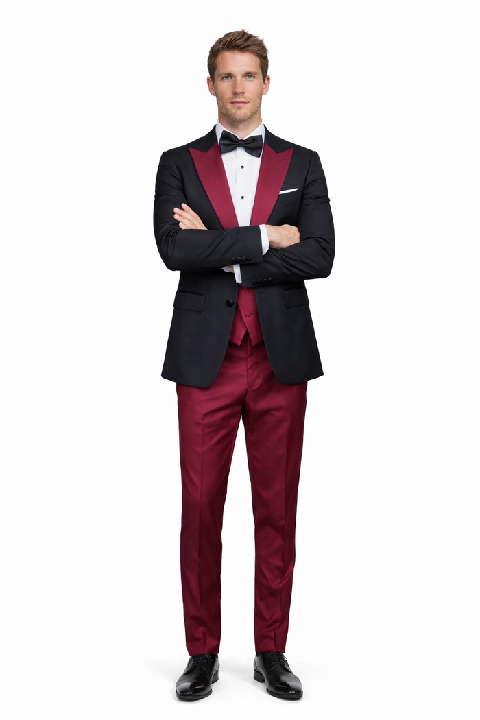 Statement Fashion Tuxedo Suit Mens Burgundy Black Trendy Tux