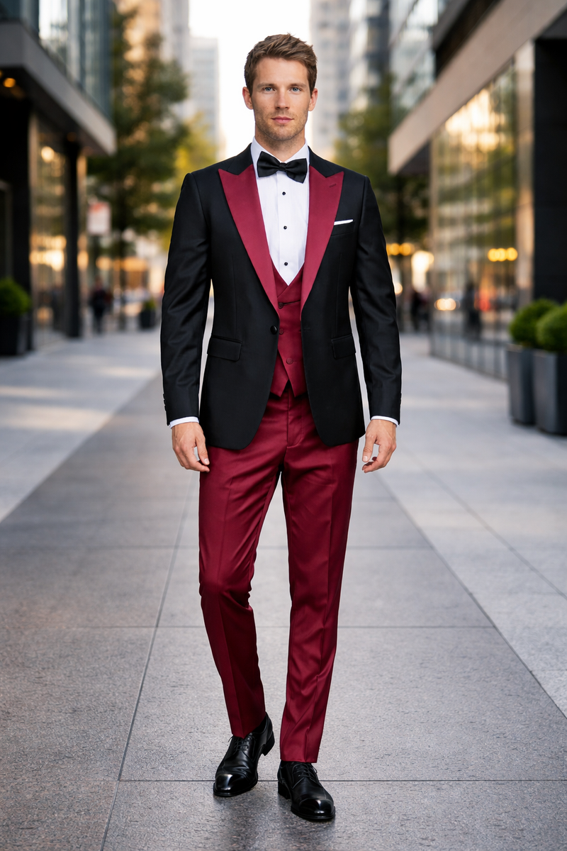 Statement Fashion Tuxedo Suit Mens Burgundy Black Trendy Tux
