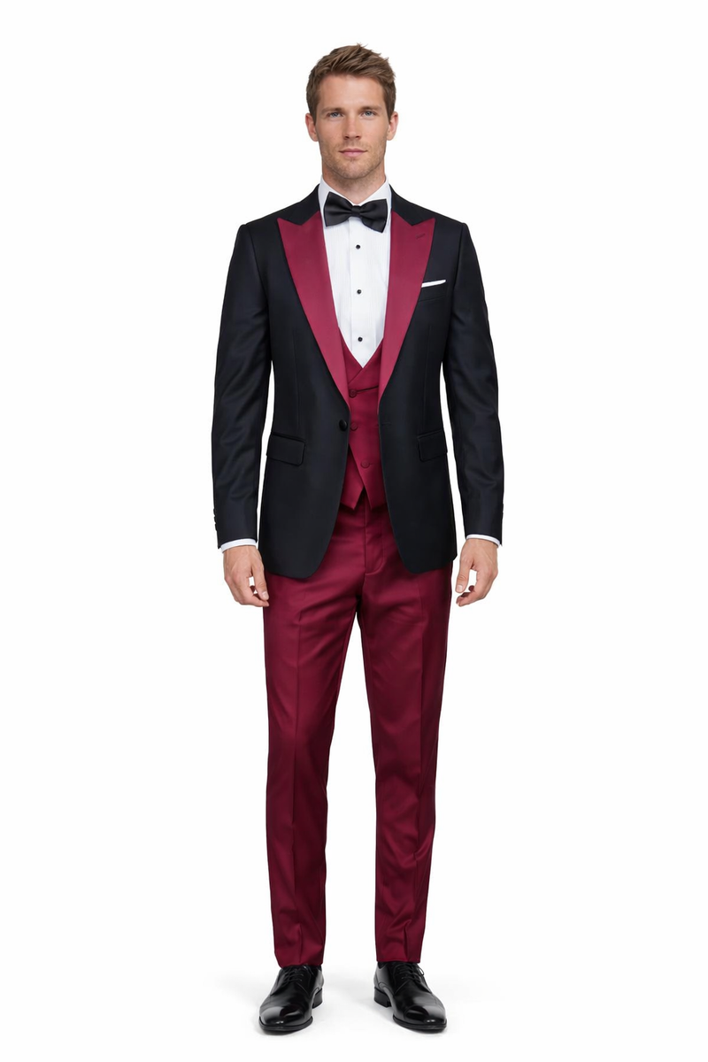 Statement Fashion Tuxedo Suit Mens Burgundy Black Trendy Tux