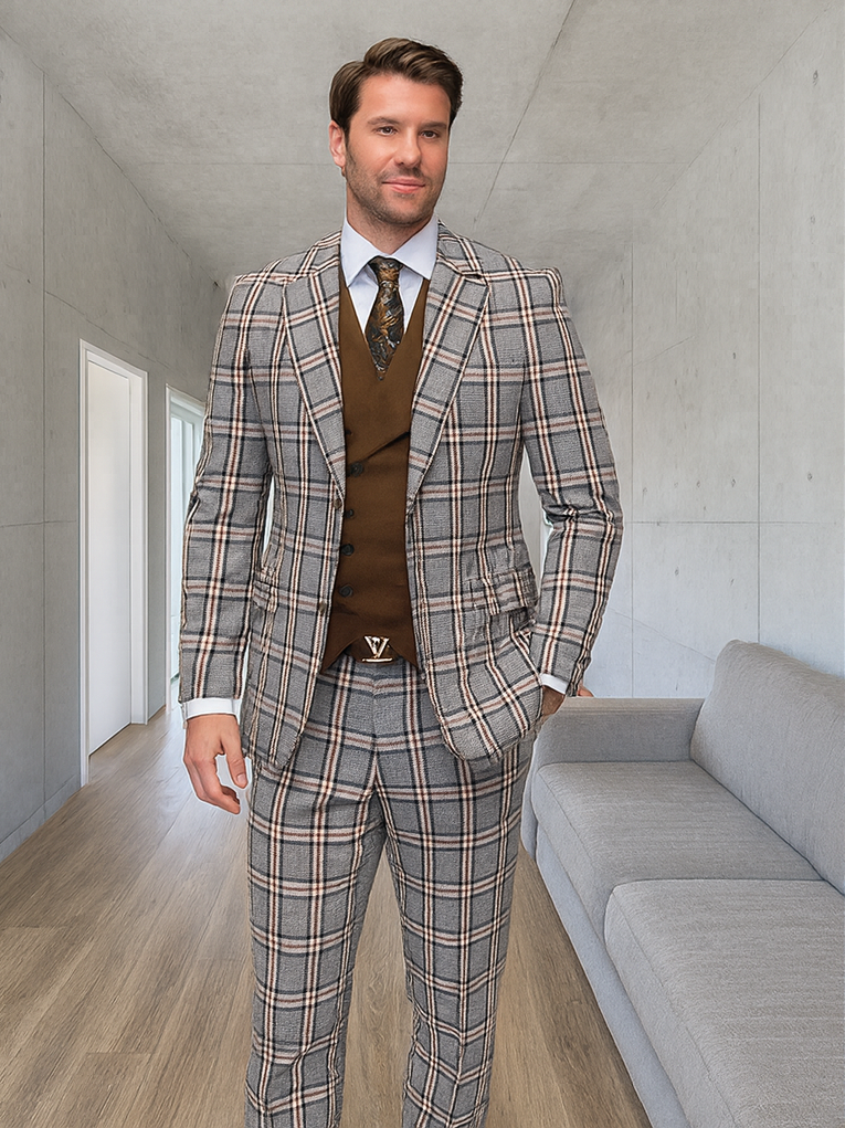 Statement ITALY Suit - Super 150's Wool Suit Statement Men's 3 Piece Modern Fit 100% Wool Suit - Sharp Plaid