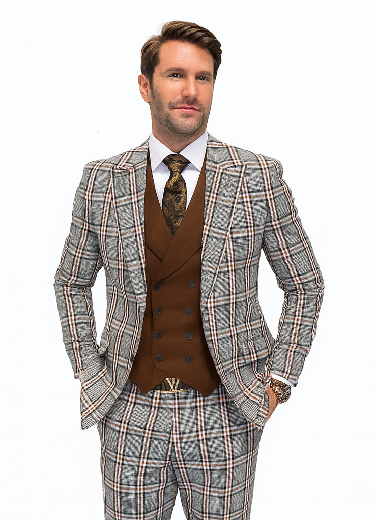 Statement ITALY Suit - Super 150's Wool Suit Statement Men's 3 Piece Modern Fit 100% Wool Suit - Sharp Plaid