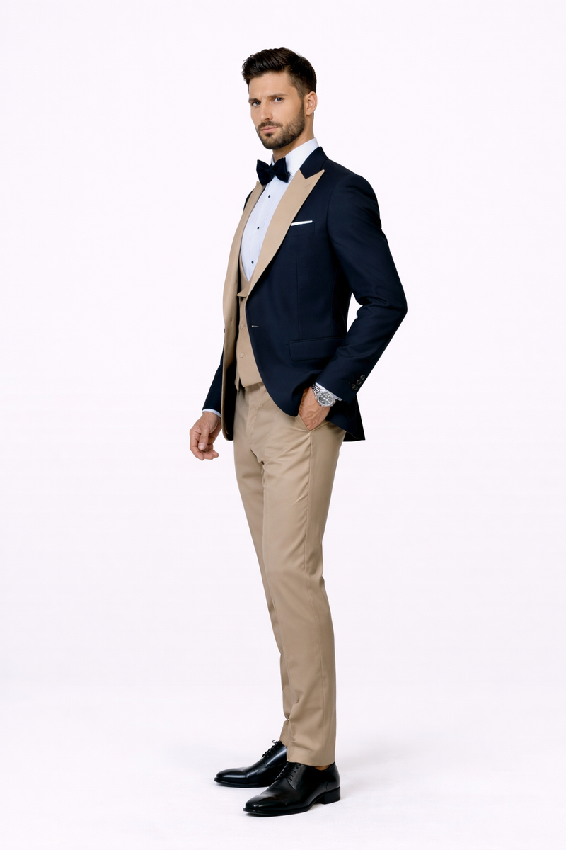 Statement Men's Black Vested with Champagne Peak Lapel 100% Wool Tuxedos
